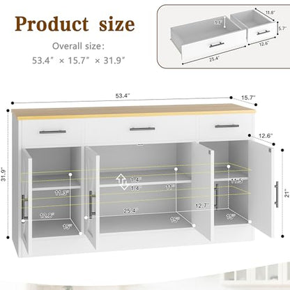 Vongrasig Buffet Cabinet with Storage, Farmhouse Coffee Bar Cabinet with Drawers, 53” Large Modern Sideboard Buffet with Adjustable Shelves for Kitchen, Dining Room, White