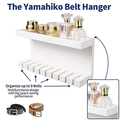 Yamahiko Belt Storage Organizer With Double Shelving Platform, Wall Mount Hanger Rack for Closet, Universal Holder for Men and Women, White