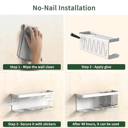 Hair Dryer Holder Wall Mounted Adhesive/Drilling, Hair Dryer Storage Organizer with Shelf & Hooks for Bathroom, Blow Dryer Holder, Hair Tool Organizer (White)