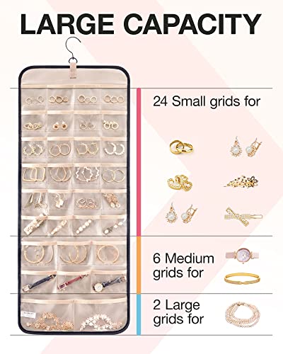 BAGSMART Hanging Jewelry Organizer Necklace/Earring/Ring 2-Sided L Black | Case Storage Bag for Necklace, Earrings, Rings