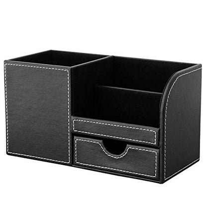 Desk Organizer Office Supplies Caddy Pu Leather Multi-function Storage Box Pen/Pencil,Cell phone, Business Name Cards Remote Control Holder with Small Drawer Black