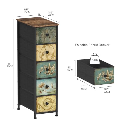 Narrow Storage Dresser Slim Dresser with Retro Flowers Fabric Drawers Vertical Skinny Cabinet for Small Spaces,Bathroom,Bedroom Closet Nightstand,Entryway Organizer (Retro Flower, 5 Drawers)