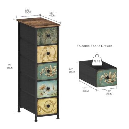 Narrow Storage Dresser Slim Dresser with Retro Flowers Fabric Drawers Vertical Skinny Cabinet for Small Spaces,Bathroom,Bedroom Closet Nightstand,Entryway Organizer (Retro Flower, 5 Drawers)