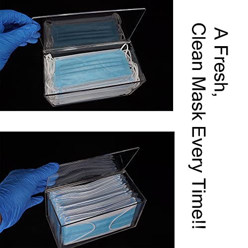 Face Mask Dispenser with Hinged Lid, Countertop Acrylic Mask Storage Box Holder Transparent Dust-Proof Mask Storage Case Container for Home Office Car, Clear