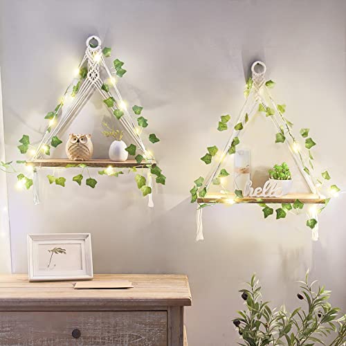 Mkono Macrame Wall Hanging Shelves Set of 2 with Artificial Ivy Lights | Boho Wall Decor, Wood Floating Storage Shelf, Display Plants Photos, Bedroom Bathroom Living Room Nursery Dorm Kitchen, White