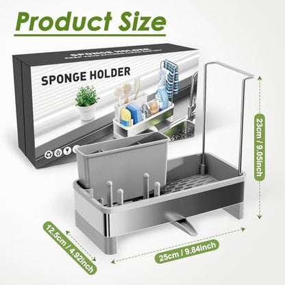 Ewaiira Stainless Steel Sink Caddy, Sponge Holder for Kitchen Sink 9.8″ | with Brush Holder Dishcloth Rack, Rustproof Sink Organizer Countertop, Soap Kitchen Organizers Storage Essentials, Gray