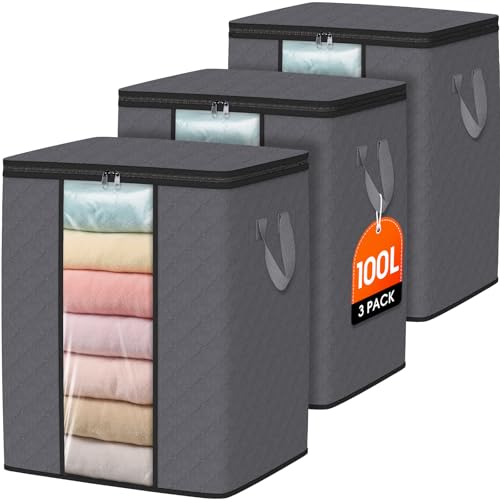 3 Pack 100L Clothes Storage, Foldable Storage Bags... (3 Count | Grey | Fabric)