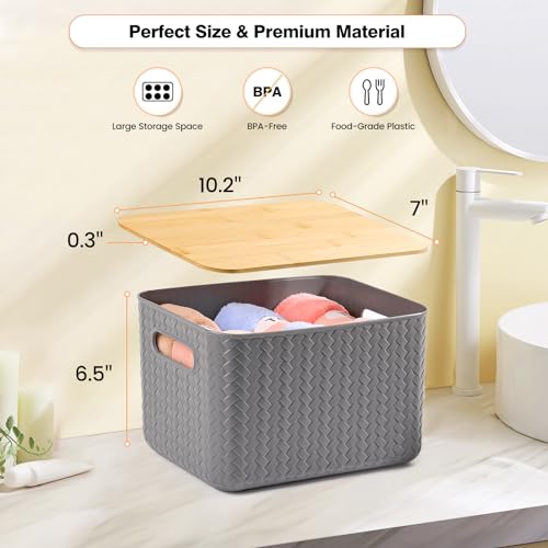 Ohmlove 4 Packs Storage Bins with Bamboo Lids - Plastic Storage Containers with Lids Stackable Storage Box：Storage Baskets for Organizing Desktop Closet Playroom Classroom Office,Gray