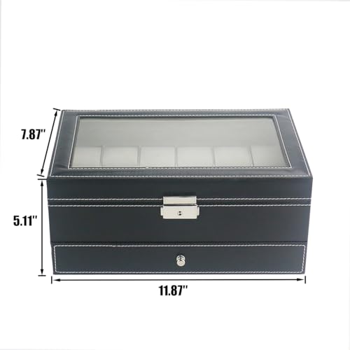 Ogrmar 12 Slot PU Leather Lockable Watch Storage Box for Men & Women Black | Watch Cases for Men & Women Jewelry Display Drawer Case, 2-tier Organizer Watch Showcase with Glass Lid