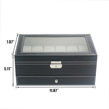 Ogrmar 12 Slot PU Leather Lockable Watch Storage Box for Men & Women Black | Watch Cases for Men & Women Jewelry Display Drawer Case, 2-tier Organizer Watch Showcase with Glass Lid