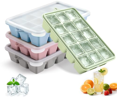 4-Pack Silicone Ice Cube Trays with Lid, Easy Release Ice Cube Molds, Reusable and Stackable Ice Trays for Freezer for Cocktail, Whiskey, Baby Food, BPA Free (Multicolour)