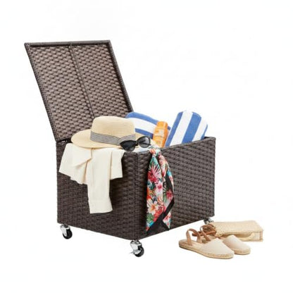 BIRDROCK HOME Rattan Rolling Storage Box with Lid and Wheels – Decorative Outdoor Deck Box for Patio, Balcony, Poolside – Woven File Organizer for Letter or Legal Files, Blankets or Towels (Espresso)