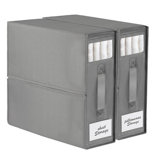 2-Pack Bed Sheet Organizers and Storage, Oxford Grey | Foldable Sheet Organizer for Linen Closet with Window and Label, Closet Organizer Box for Bedding Sheets, Duvet Covers