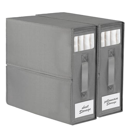 2-Pack Bed Sheet Organizers and Storage, Oxford Grey | Foldable Sheet Organizer for Linen Closet with Window and Label, Closet Organizer Box for Bedding Sheets, Duvet Covers