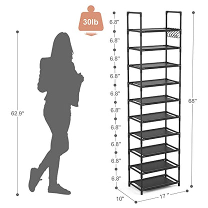 10 Tiers Tall Shoe Rack 20-25 Pairs Boots Organizer Storage Sturdy Narrow Shoe Shelf for Entryway, Closets with Hooks, Black
