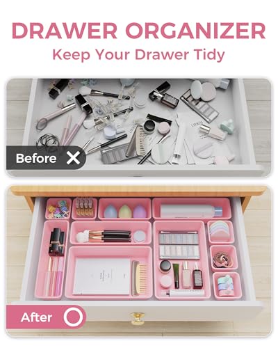 BiuLeon 25 PCS Plastic Drawer Organizers Set, 4-Sizes Vanity and Makeup Organizer, Desk and bathroom Drawer Organizer Trays, Organizers and Storage for Makeup, Jewelry, Gadgets, Utensils (Pink)