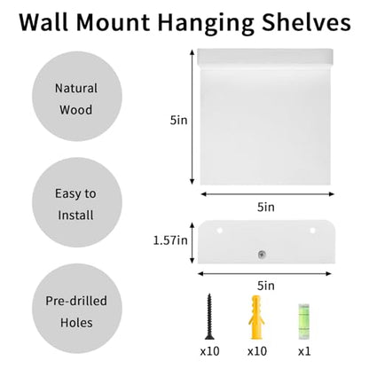 Fixwal Small Floating Shelves for Wall Decor (5Inch, Wood, White, Set of 4) | Rustic wood shelf for displaying mini frames, plants, collectibles. Fits bedroom, living room, bathroom, kitchen, or office.