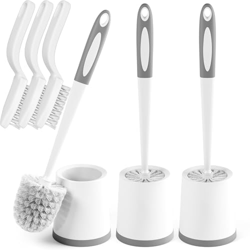 Toilet Brush and Holder Set, 3 Pack, White | Bathroom Accessories, Ergonomic Silicone Handle, Dense Bristles, Deep Cleaning, with 3 Crevice Brushes, Scrubber