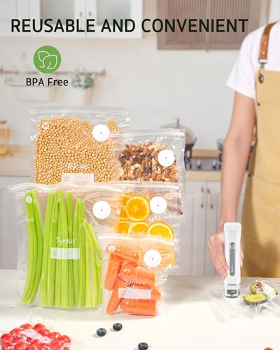 Syntus 60 Pcs Reusable Vacuum Sealer Bags for Food, S+M+L | 8x10+10x13.8+11.8x13.8, Upgraded Air Valve, Microwave Freezer Sous Vide, Food Storage, Leak-Proof, for Compact Vacuum Sealer