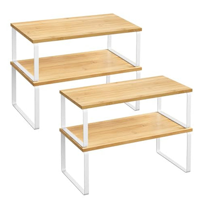SONGMICS Cabinet Organizer Shelf, Set of 4 Kitchen Counter Shelves, Kitchen Storage, Spice Rack, Stackable, Expandable, Metal and Engineered Wood, Cloud White and Natural Beige UKCS210W01