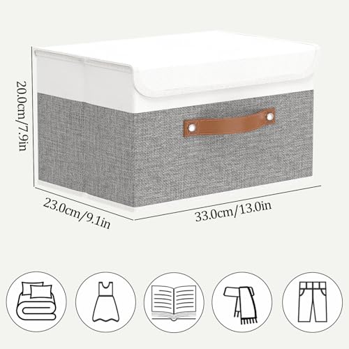 OUTBROS Large Foldable Storage Bins, 13x9.1x7.9 inch (White/Grey, 1-Pack) | Linen Fabric Box with Lid, Organiser for Shelves, Cubes For Towels, Clothes