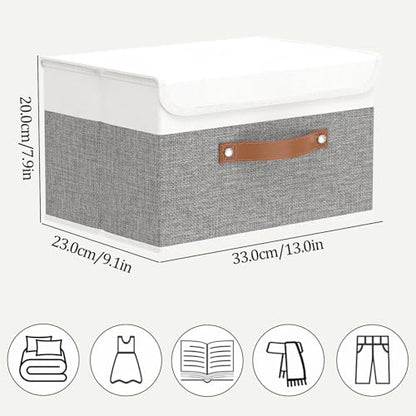 OUTBROS Large Foldable Storage Bins, 13x9.1x7.9 inch (White/Grey, 1-Pack) | Linen Fabric Box with Lid, Organiser for Shelves, Cubes For Towels, Clothes