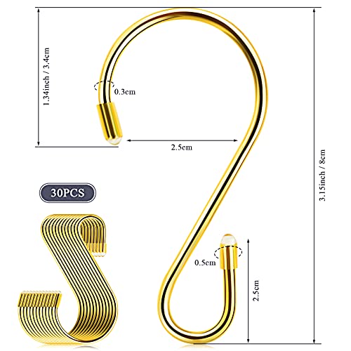 Hotop 36 Pcs S Hooks for Hanging 3.15 Inch Heavy Duty S Shaped Stainless Steel Hook Metal Hanging Curtain Hooks Pan Pot Holder Rack for Pot, Pan, Cups, Plants, Bags, Jeans, Towels(Gold)