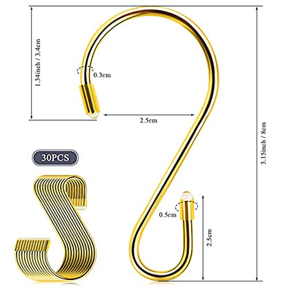 Hotop 36 Pcs S Hooks for Hanging 3.15 Inch Heavy Duty S Shaped Stainless Steel Hook Metal Hanging Curtain Hooks Pan Pot Holder Rack for Pot, Pan, Cups, Plants, Bags, Jeans, Towels(Gold)