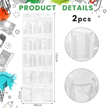 2 Pack Classroom Headphone Storage Organizer 30 Pockets PVC Clear Classroom Pocket Chart over The Door Hanging Headphone Holder Storage with Digital Stickers for Library Door Hanger(White)