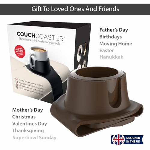 CouchCoaster® - Original & Patented Armrest Couch Cup Holder, Mocha Brown - A Weighted, Silicone, Anti Slip Coaster Stops Spills On Your Sofa, Armchair Or Recliner & Keeps Drinks in Reach