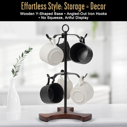 Coffee Mug Tree,Solid Wood Base Y Shape 6 Iron Hooks | Squeeze Free Angled,Space Saving Mug Stand,Effortless Setup,Elegant Decor For Kitchen And Coffee Bar Accessories