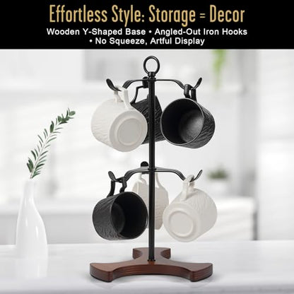 Coffee Mug Tree,Solid Wood Base Y Shape 6 Iron Hooks | Squeeze Free Angled,Space Saving Mug Stand,Effortless Setup,Elegant Decor For Kitchen And Coffee Bar Accessories