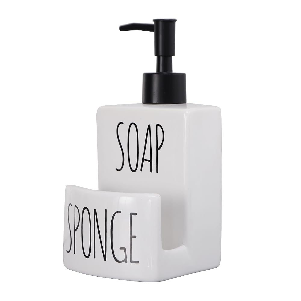 Ceramic Dish soap Dispenser with Sponge Holder Hand and Dish Soap Dispenser Set for Kitchen 2-in-1 Countertop Soap Pump Dispenser for Kitchen Sink, Useful Kitchen Gadgets - Modern Farmhouse White