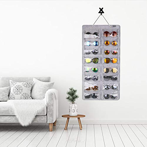 AROUY Sunglasses Organizer Storage, Hanging Dust Proof Wall Pocket Glasses Organizer - 16 Felt Slots Sunglass Organizers Holder with Metal Hook and Sturdy Rope (Gray, Dust Proof)