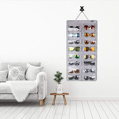 AROUY Sunglasses Organizer Storage, Hanging Dust Proof Wall Pocket Glasses Organizer - 16 Felt Slots Sunglass Organizers Holder with Metal Hook and Sturdy Rope (Gray, Dust Proof)
