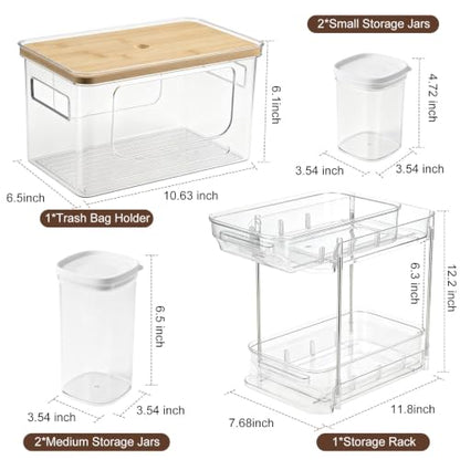 Trash Bag Holder with Bamboo Lid, Stackable Trash bag Dispenser with 2-tier Rack and 4 Plastic Bottles, Extra Large Garbage Bag Holder for Kitchen Laundry Room Under Sink Organization and Storage