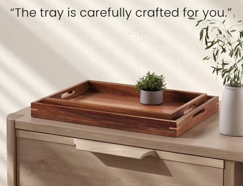 Fibogollo Set of 2 Acacia Wood Serving Tray with Handles | Decorative Trays Platter,Breakfast Tray in Bed,Food Drinks Tray for Eating,Working,Storing