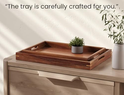 Fibogollo Set of 2 Acacia Wood Serving Tray with Handles | Decorative Trays Platter,Breakfast Tray in Bed,Food Drinks Tray for Eating,Working,Storing