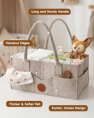 Maliton Felt Diaper Caddy Organizer for Changing Table - Large, Khaki | 15x9x7" Portable Nursery Storage Bin and Car Organizer for Diapers, Wipes. Boy & Girl Shower Gift Basket, Baby Essentials