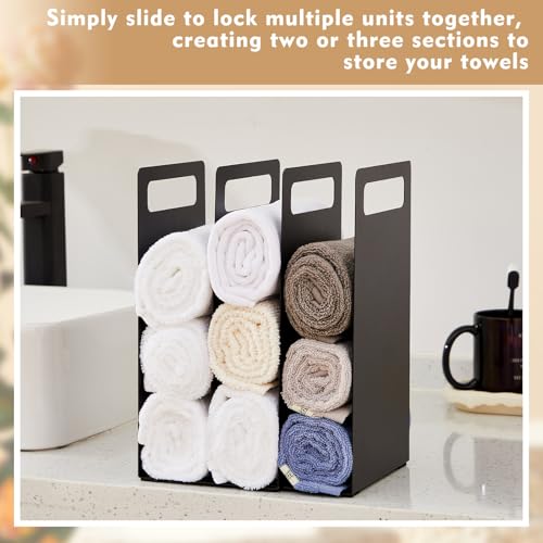 Set of 2 Towel Organizer for Closet Shelf, Interlocking Metal Towel Storage Organizer for Bathroom, Storage Rack with Divider for Linen Closet, Cabinet and Home Organization (Black)
