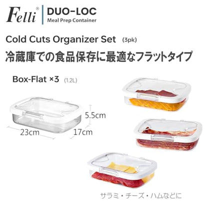 Felli Duo Loc Deli Meat Containers for Fridge with Airtight Lids, Stackable Refrigerator Organizer for Lunch Meat Storage Sandwich Ham Cheese Salami Sliced Turkey, Clear Tritan Box (Cold Cuts 3pk)