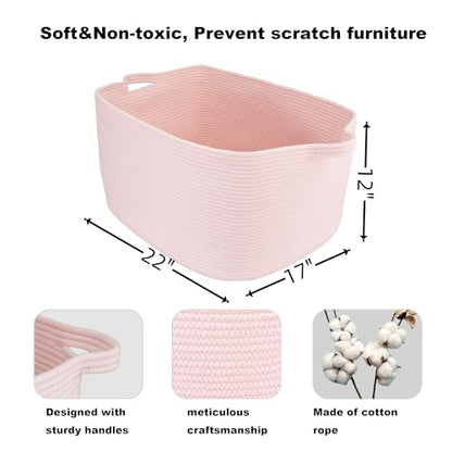 XUANGUO Large Rectangle Woven Cotton Rope Blanket Basket 22"x17"x12" Pink | Storage basket for nursery and living room; toy basket for kids, laundry basket for clothes and towels, or gift basket.