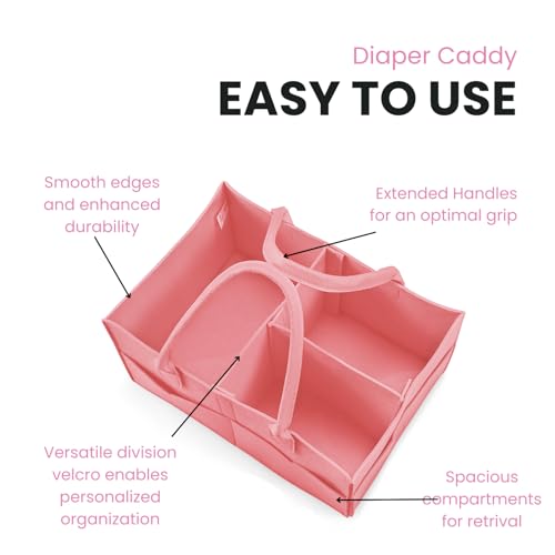 PandaEar 2 Pack Baby Diaper Caddy Organizer, Portable Diaper Holder Nursery Storage Basket for Wipes & baby stuff, Collapsible Baby Organizers with Divided Design (Red/Pink)
