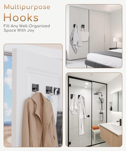 Aikzik 4 Pack Large Heavy Duty Wall Hooks - 26lb Max, Stainless Steel Adhesive Towel Hook, Shower Hooks for Hanging Towel, Coat, Robe, Wall Hook for Use in Bathroom, Kitchen and Door, Matte Black