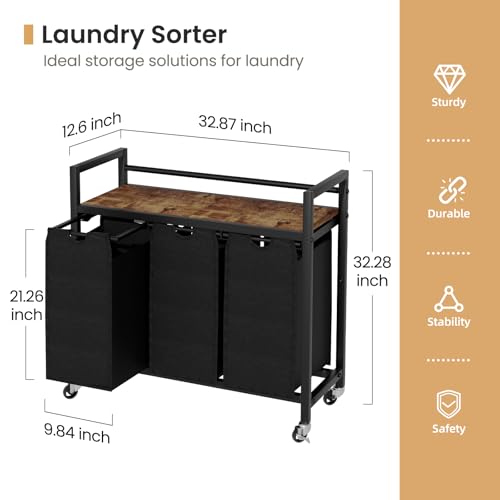 Laundry Sorter, Laundry Hamper 3 Section, 3×11.4Gal, Metal Frame Rolling Laundry Basket with Wooden Top Shelf, Pull out and Removable Laundry Bags, 3 Bags-Black