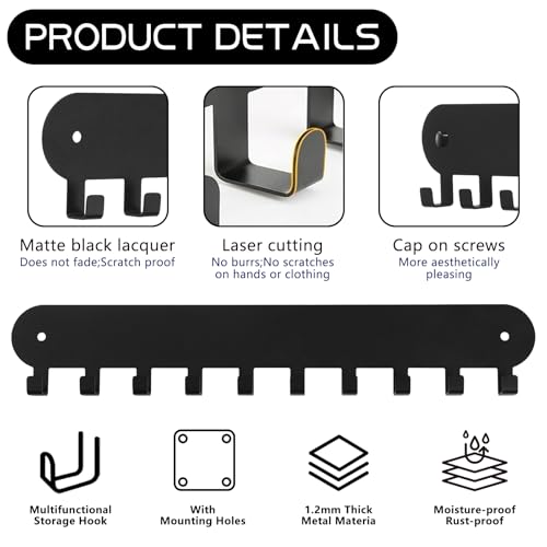 2 Pack Key Holder for Wall, Key Hooks with 10 Hooks, Black | Key Holder Wall Mount Self Adhesive, Key Rack for Wall No Drill for Living Room, Kitchen, Bathroom, Garage