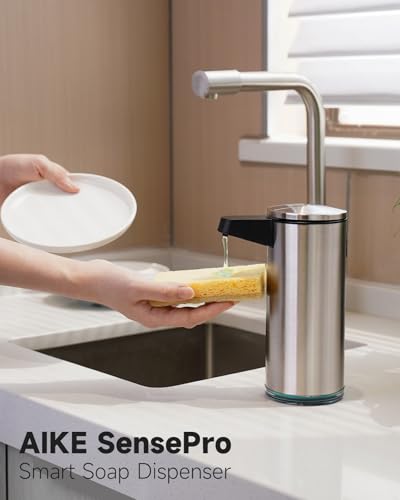 AIKE SensePro Automatic Soap Dispenser 12.8oz Spot Resist Stainless Finish | Type-C Charge with Months Long Standby Time, Adjustable 5 Levels Precise Dispense for Home Dish Soap and Hand Soap