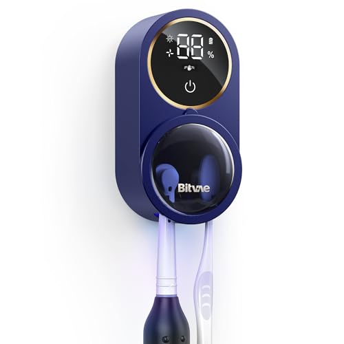 Bitvae Upgraded Tooth Brush Holder for Bathroom 2.0 Infrared Sensing | Toothbrush Cleaner, Wall-Mounted for Most Size Toothbrushes, Air Drying, LED Smart Screen, Navy Blue