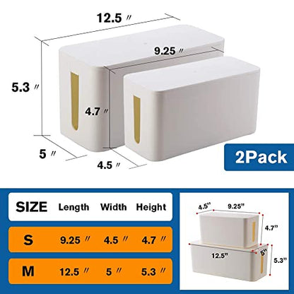 Cable Management Box Organizer, Pack of 2 Wire Concealer to Cover Hide Surge Protector & Power Strip on Desk Floor, with 5 Cord Fastening Tapes for Office, Home, Kitchen (Ice White)