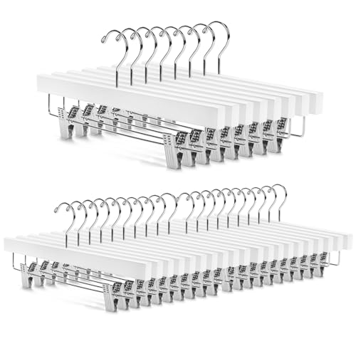 Nature Smile Deluxe Wooden Pants Hangers, White, Pack of 28 | Solid Wood Bottom, Jeans Hanger, Skirt Hanger, 2-Adjustable Clips